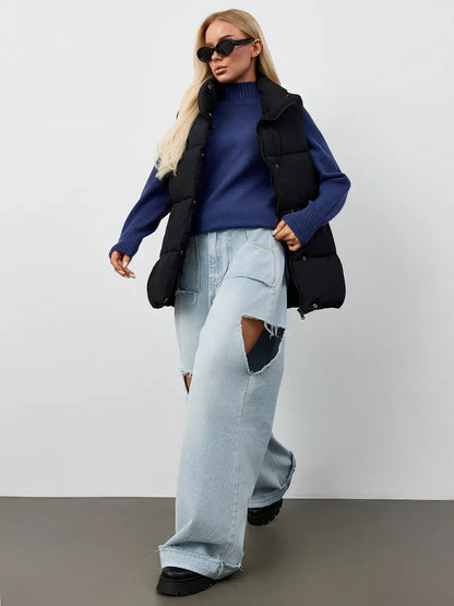 Indigo Sweater by Lauven - Oversized navy blue cashmere knitwear with high neck, styled with trendy baggy jeans.