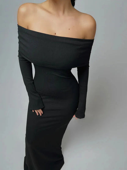 Noctara Maxi Dress by Lauven - Off-Shoulder Silhouette in Deep Black, Sculpting Fit with Luxurious Ribbed Texture.