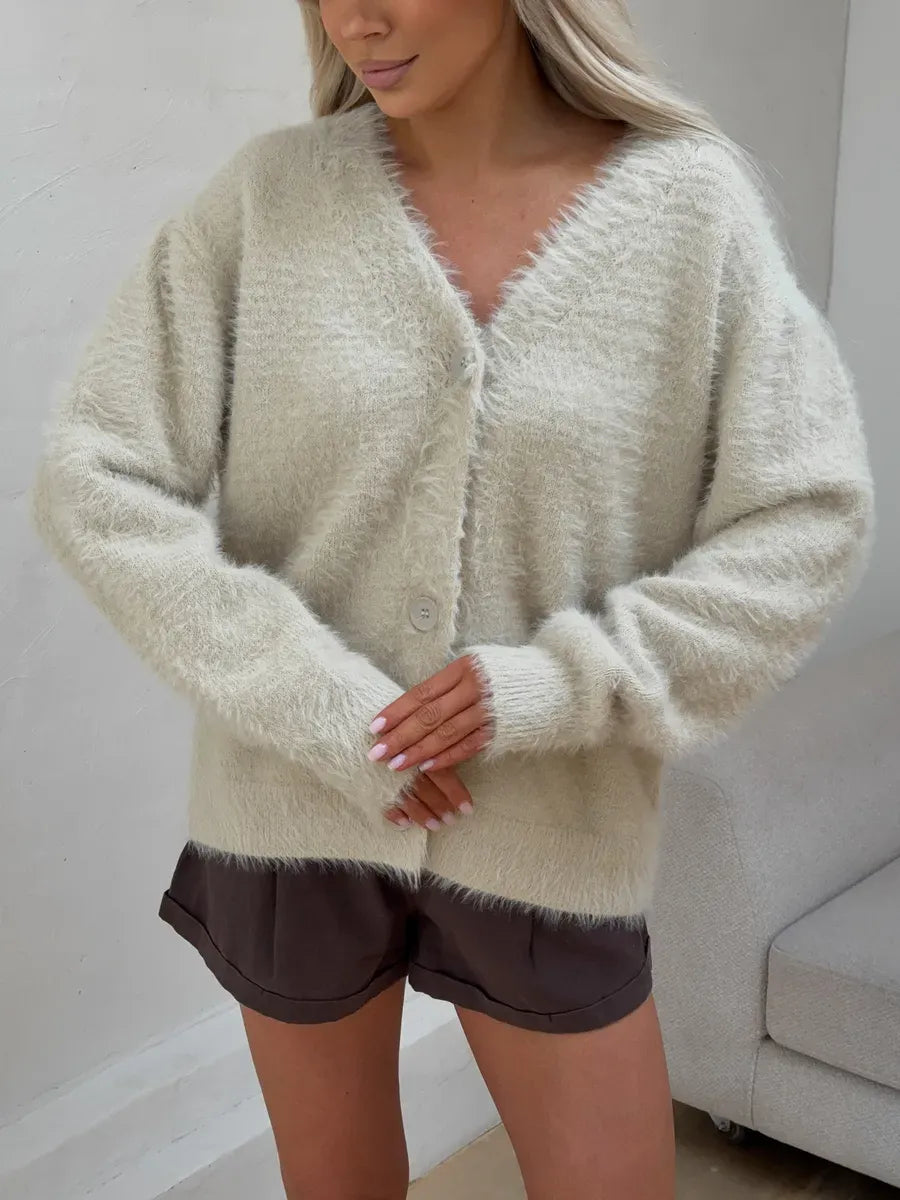 Sable Cardigan by Lauven, oversized light beige fluffy knit cardigan with button closure, perfect for a cozy stylish look.
