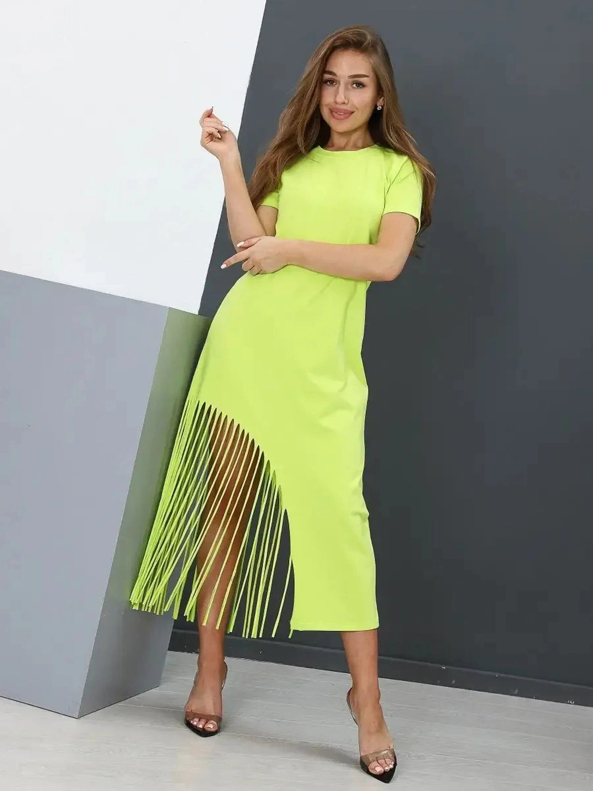 Luma Midi Dress by Lauven, lime cotton midi dress with fringe hem and relaxed fit, perfect for all-day wear.