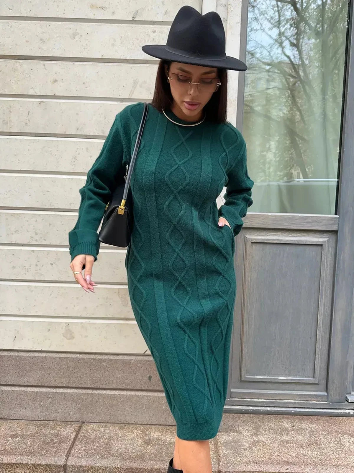 Selene Midi Dress by Lauven - Elegant textured knit sweater dress in emerald green.