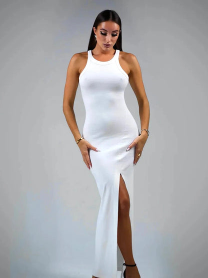 Vega Maxi Dress by Lauven featuring a sleek ribbed silhouette and side slit, perfect for elegant day-to-night styling.