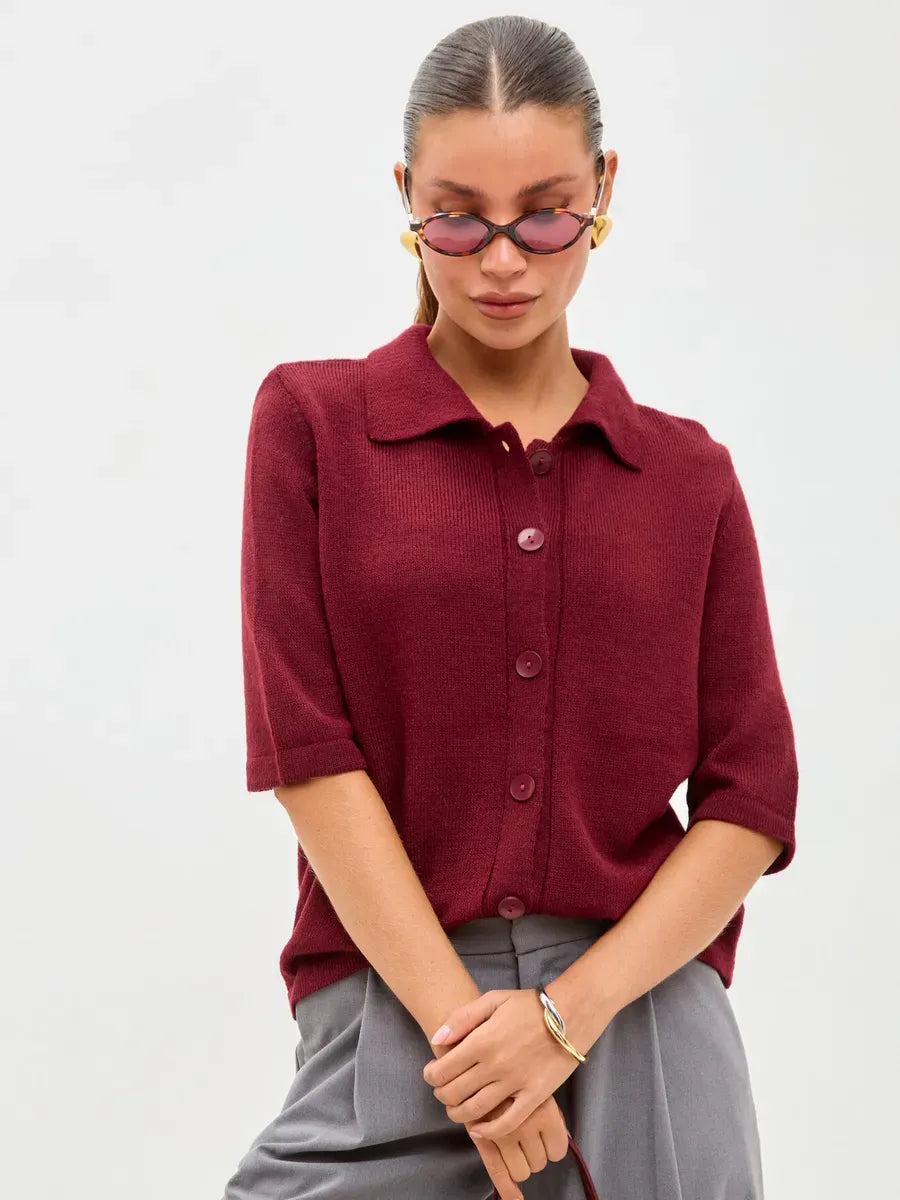 Mira Cardigan by Lauven in lightweight burgundy wool blend knitwear with button closure and classic collar.