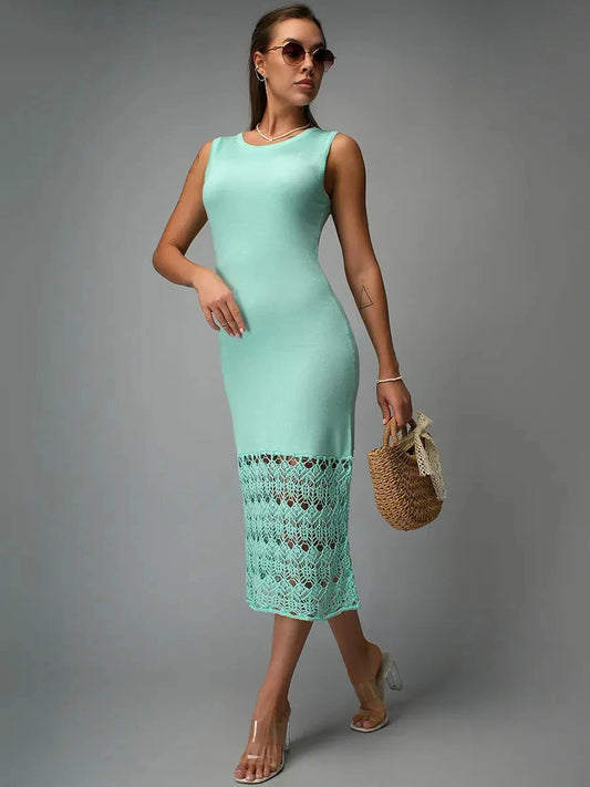 Lunara Midi Dress by Lauven, featuring a mint knit design with crochet lace hem, perfect for summer elegance.