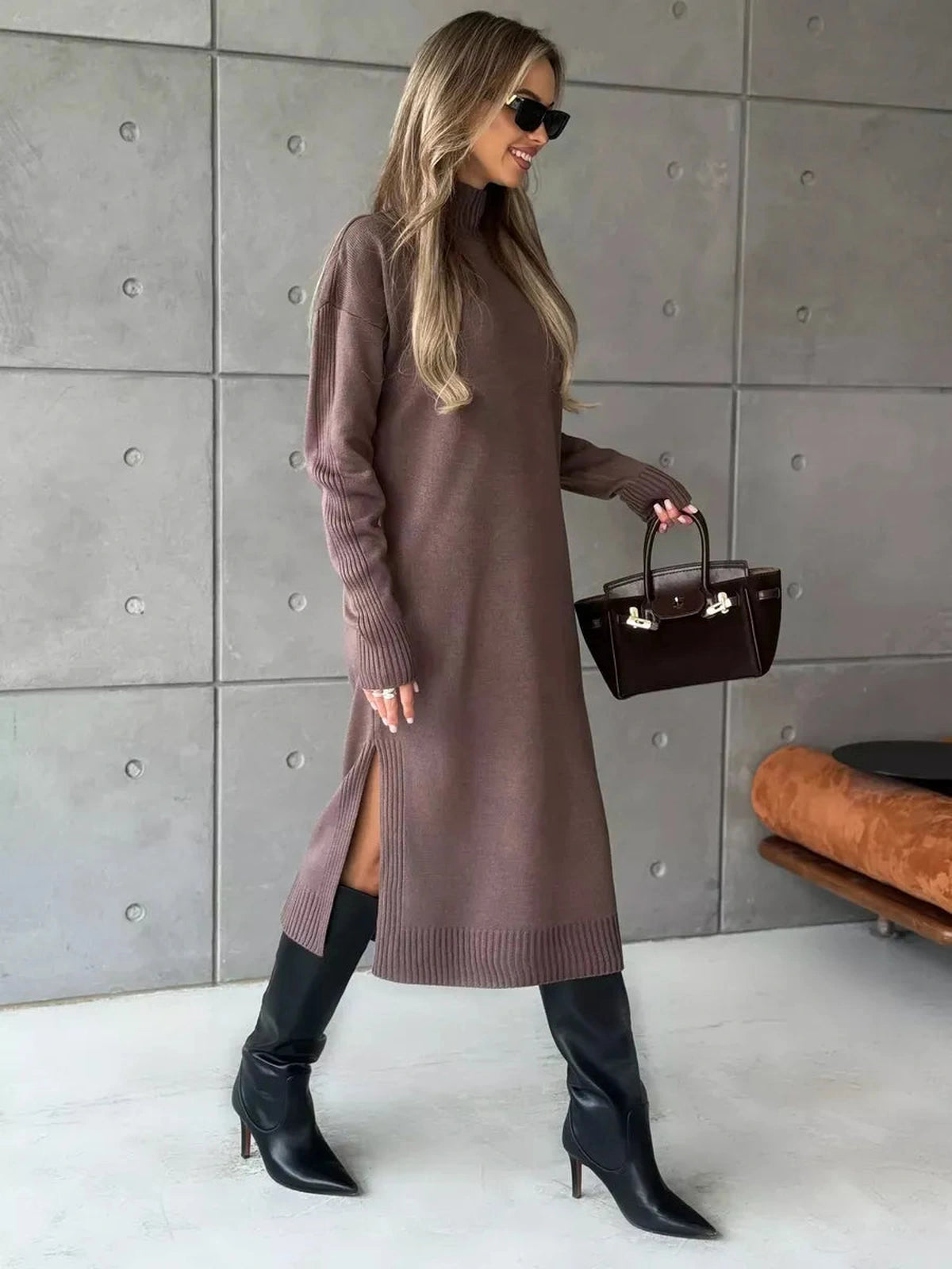 Noirra Midi Dress by Lauven, featuring a cocoa brown knit, high-neck collar, and side slit for modern elegance.