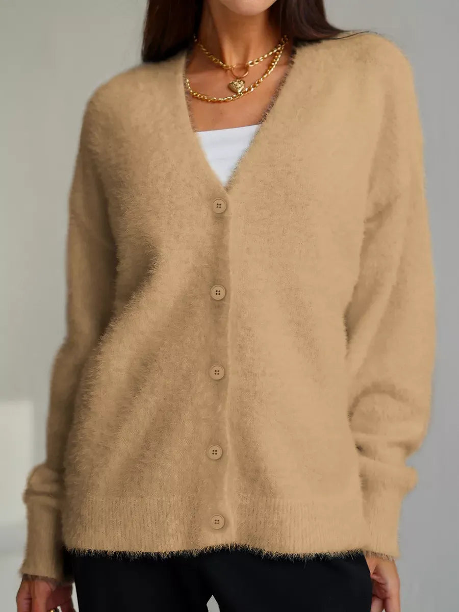 Camelia Cardigan by Lauven, plush camel oversized knitwear with button closure for elegance and comfort.