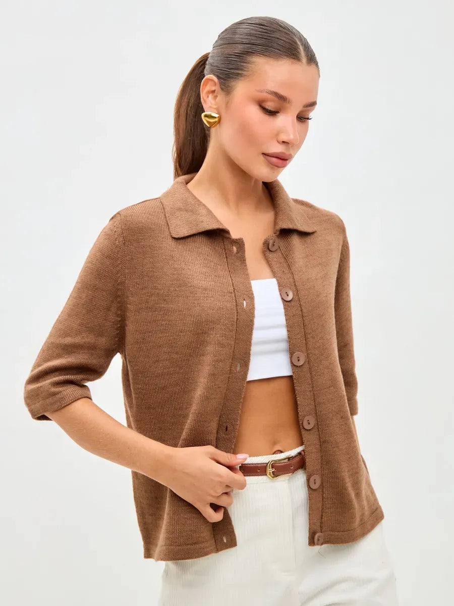 Marin Cardigan by Lauven, lightweight brown wool blend knitwear with button closure and relaxed fit.