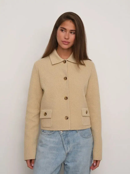 Alba Jacket by Lauven, cropped light beige women's jacket with button closure, perfect for layering.
