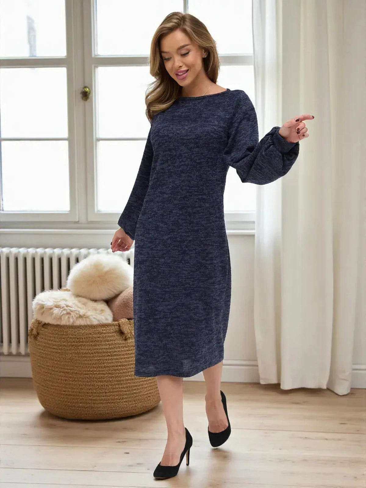 Celeste Midi Dress by Lauven, showcasing an elegant knit design with balloon sleeves in deep navy melange.