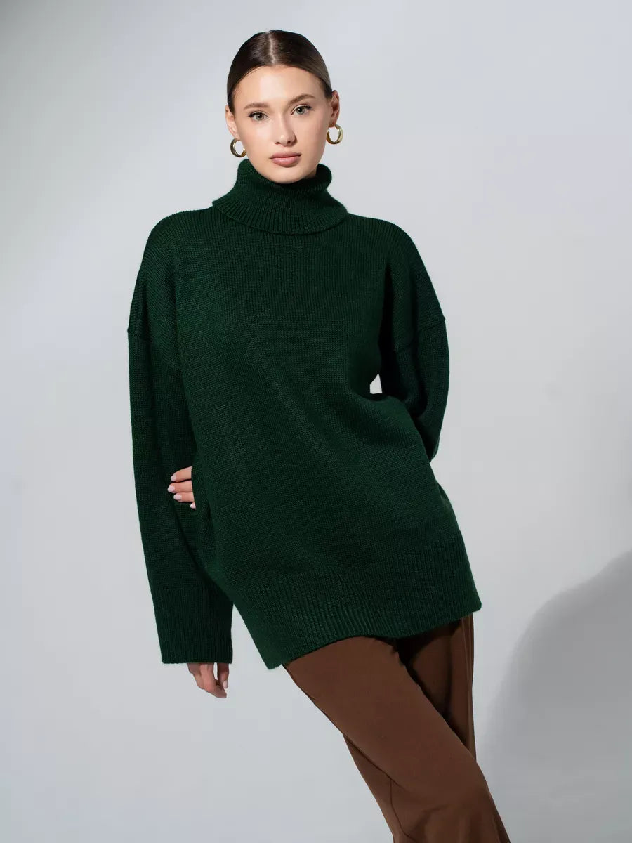 Lyra Sweater by Lauven - Oversized green knitwear with turtleneck, showcasing luxurious warmth and style.