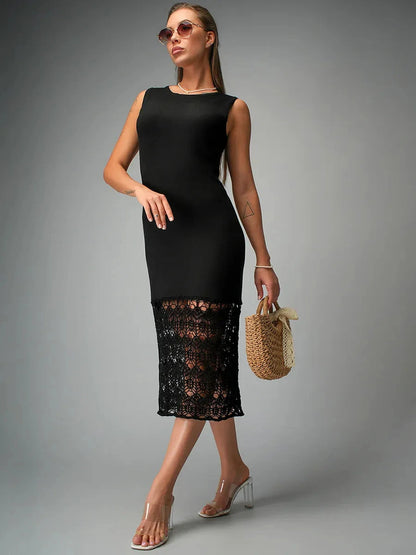 Velora Midi Dress by Lauven in classic black knit with elegant crochet detailing, showcasing a sleek silhouette.