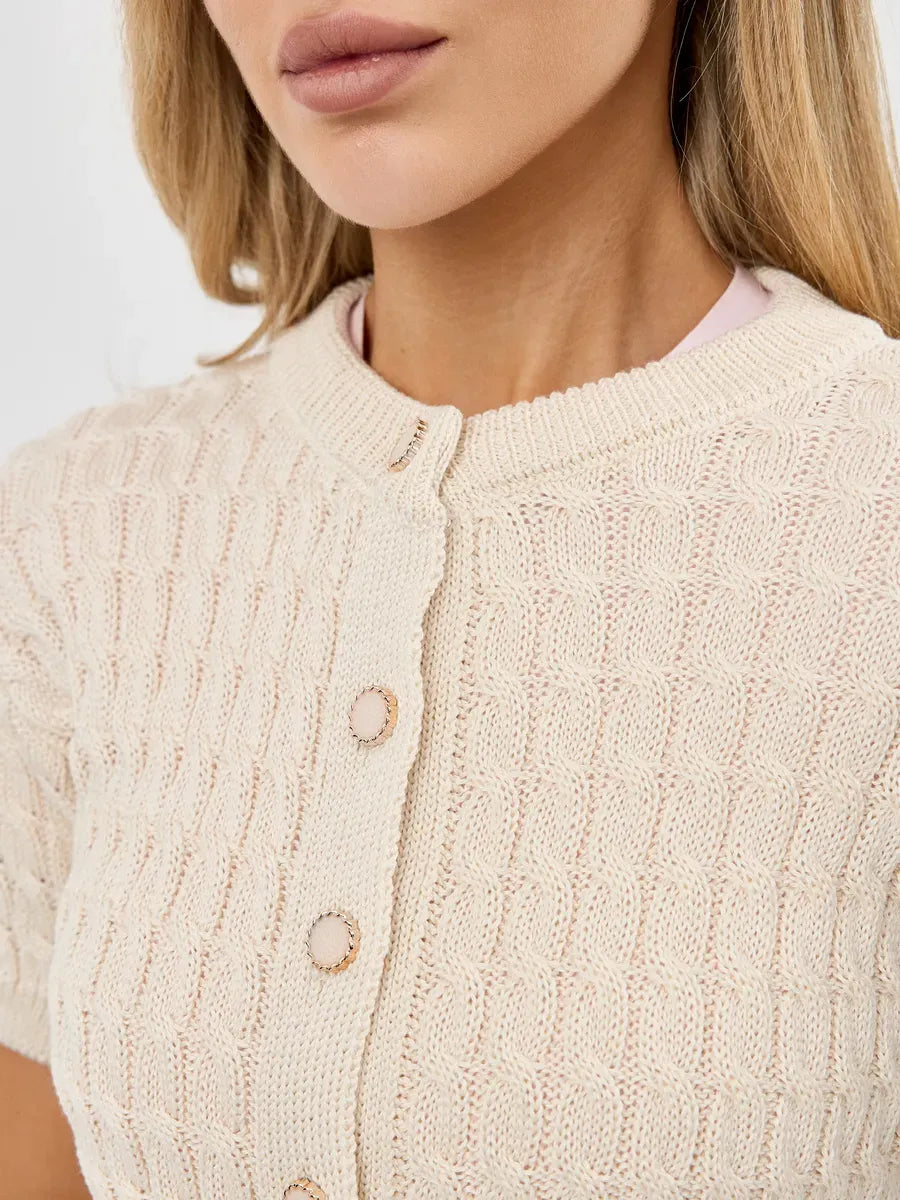 Lumiere Cardigan by Lauven – Close-up of lightweight cotton-acrylic knitwear showcasing buttons and textured fabric.