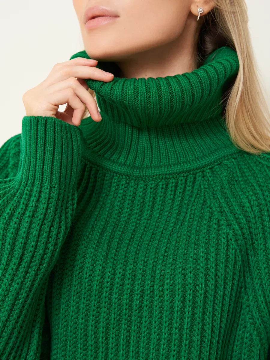Emerald Sweater by Lauven, oversized green knitwear with turtleneck, ideal for cozy winter layers.