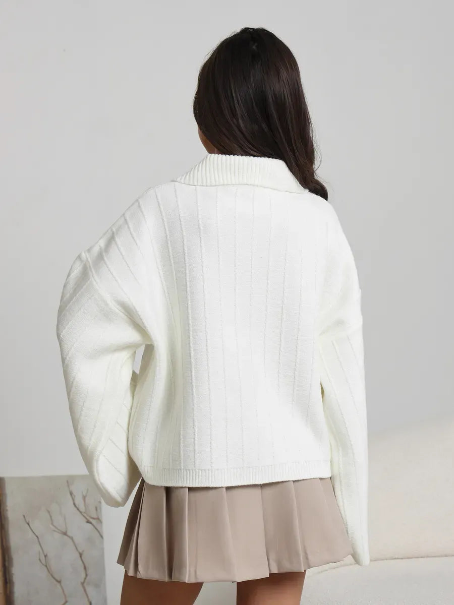 Eira Cardigan by Lauven: Stylish white oversized knitwear with unique braided pattern and wide bell sleeves.
