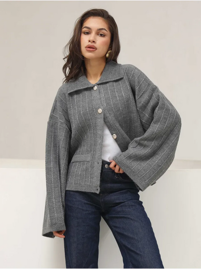 Slate Cardigan by Lauven: Elegant dark gray oversized knitwear with braided detail and wide bell sleeves.