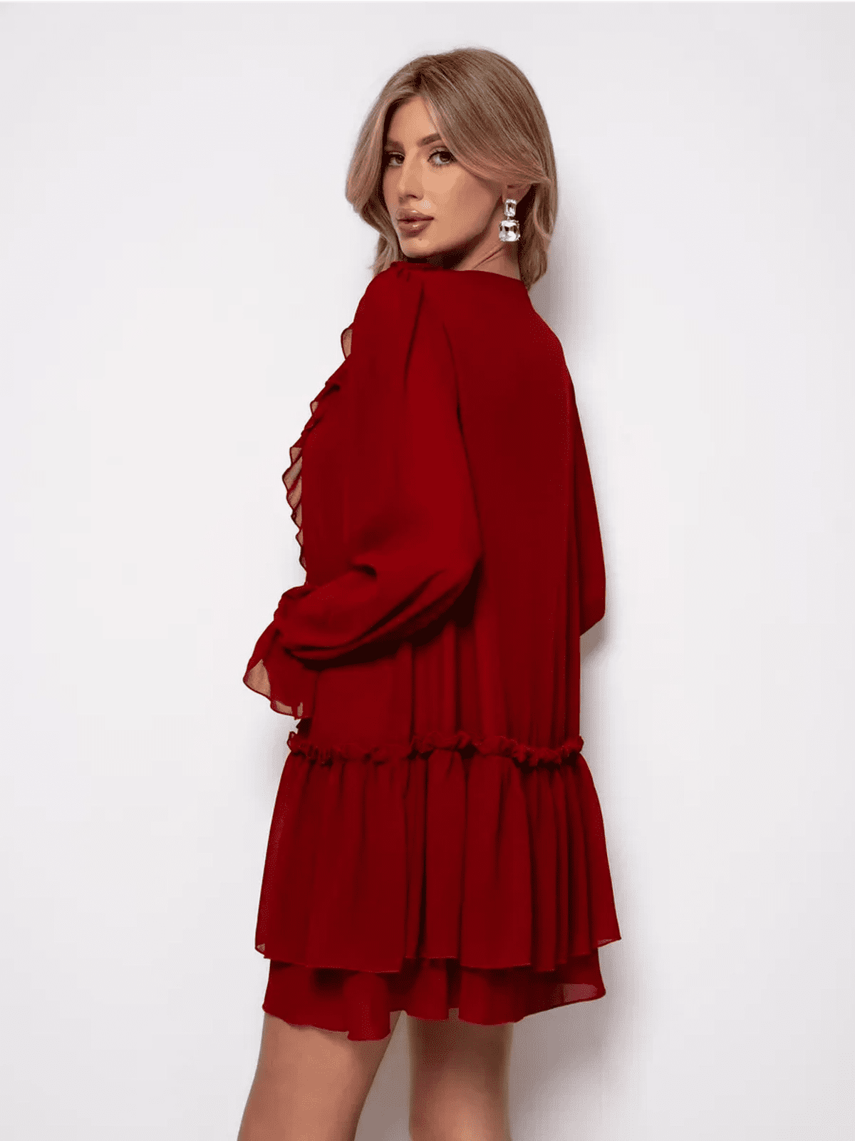 Marsella Mini Dress by Lauven showcases a wine-red chiffon design with ruffle detailing and an elegant A-line silhouette.