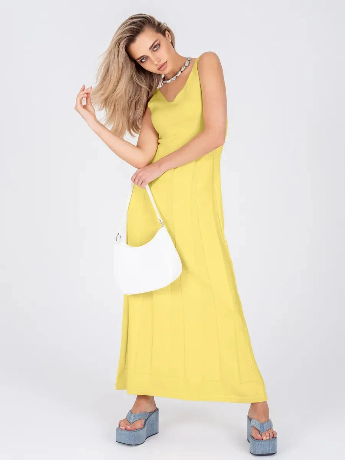 Solara Maxi Dress by Lauven, bright yellow ribbed knit dress for effortless summer elegance.