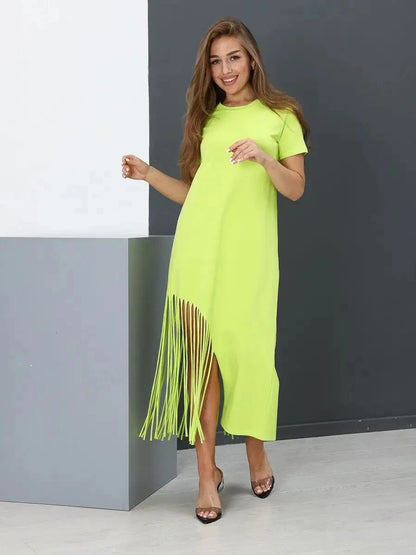 Luma Midi Dress by Lauven, lime cotton dress with fringe hem, relaxed fit, perfect for casual sophistication.