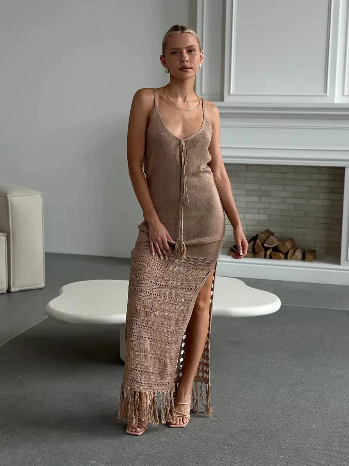 Calysta Maxi Dress by Lauven featuring soft knit texture and side-slit elegance in refined beige tone.
