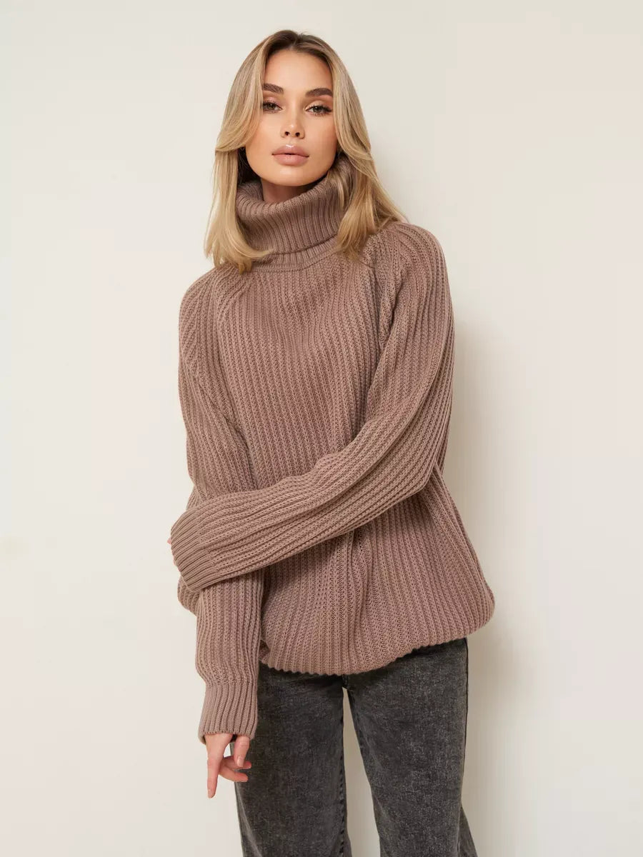 Sable Sweater by Lauven, cozy oversized brown knitwear with turtleneck, perfect for cold weather.