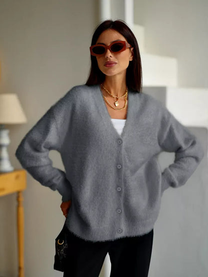Graphite Cardigan by Lauven — Soft gray oversized plush knitwear with button closure for comfort and elegance.