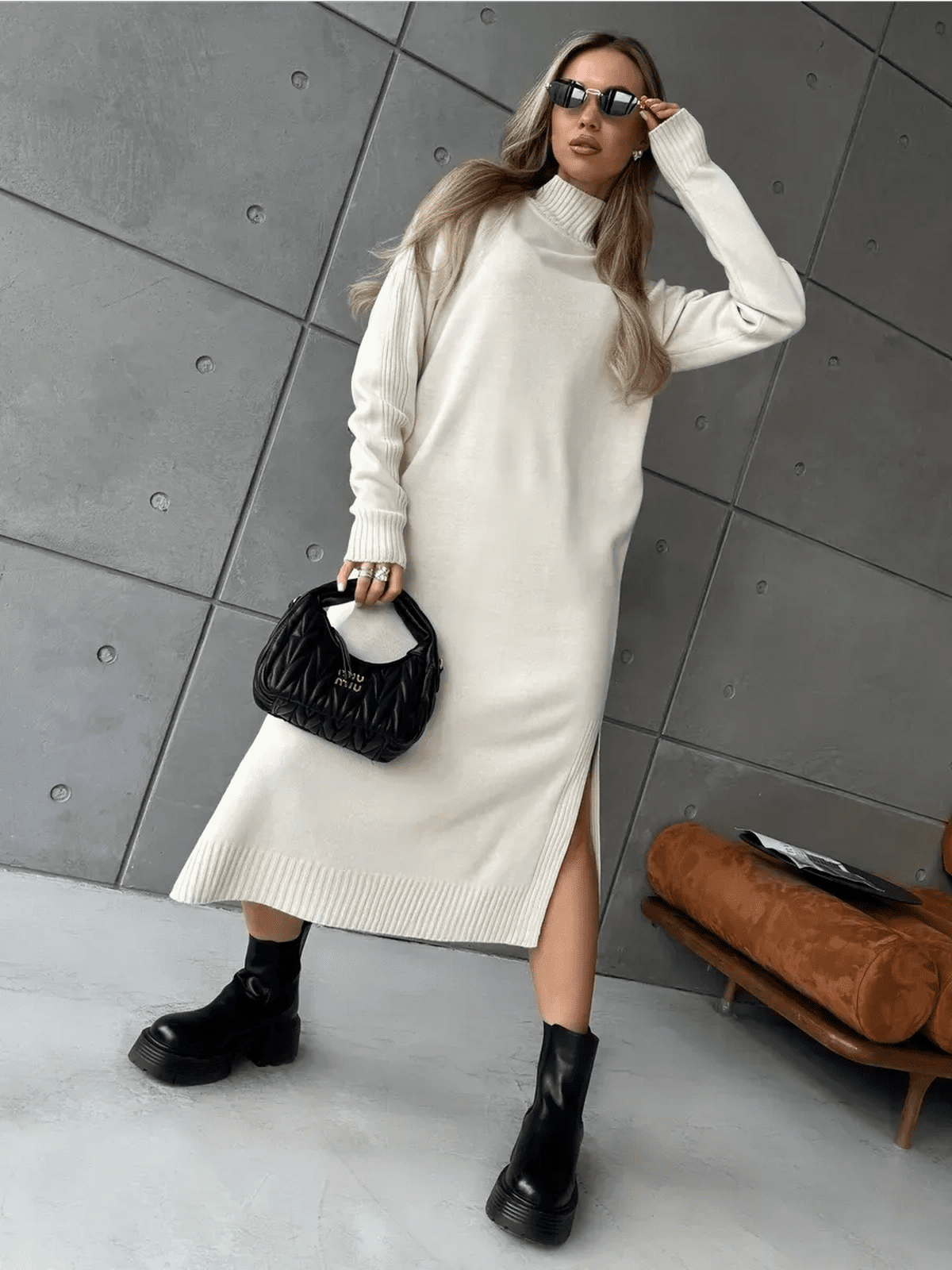 Celeste Midi Dress by Lauven, featuring an elegant beige knit design and relaxed silhouette, perfect for stylish comfort.