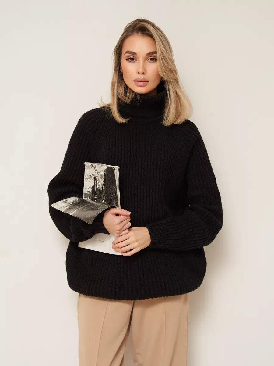 Onyx Sweater by Lauven, oversized black knitwear with turtleneck, perfect for winter outfits.