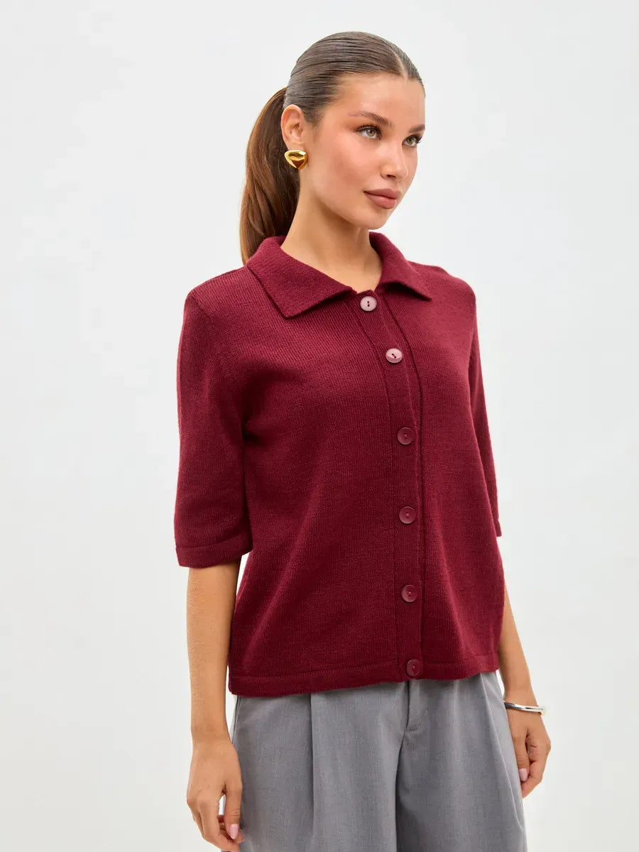 Mira Cardigan by Lauven - Lightweight burgundy wool blend cardigan with button closure, styled for relaxed autumn looks.