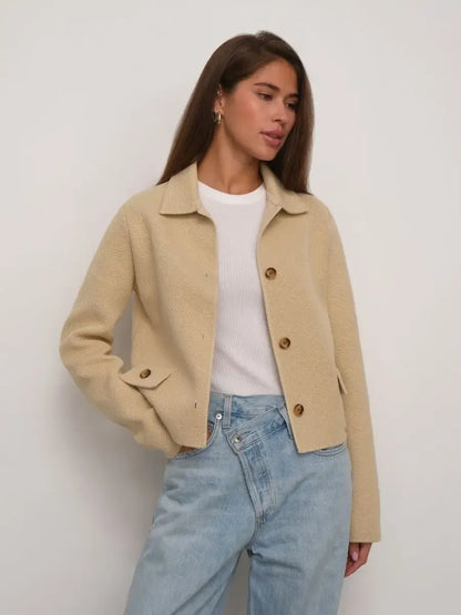 Alba Jacket by Lauven - Cropped light beige women's jacket with button closure, ideal for layering.