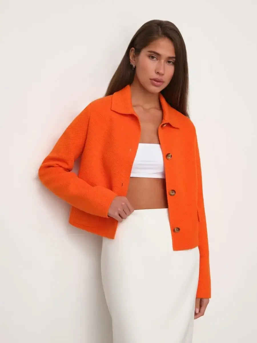 Coral Jacket by Lauven, cropped orange women’s jacket with button closure, modern relaxed fit, stylish and comfortable.