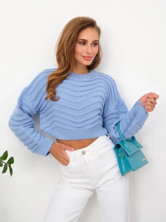 Celeste Sweater by Lauven in sky blue, cropped knit design with textured wave-knit pattern and relaxed fit.