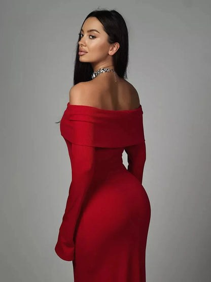 Valoria Maxi Dress by Lauven featuring a stunning off-shoulder design in radiant red.