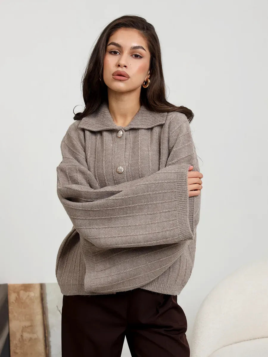 Mocha Cardigan by Lauven - Elegant coffee-colored oversized knitwear with braided pattern.