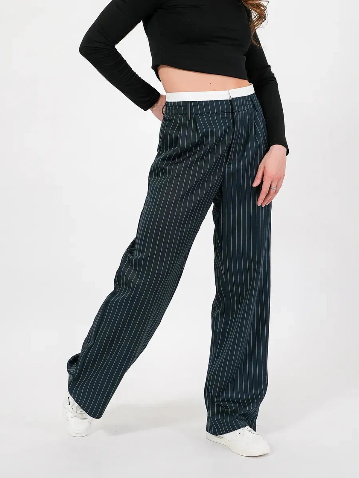 Siri Pants by Lauven - high-waist wide-leg tailored trousers in deep green with pinstripe pattern.