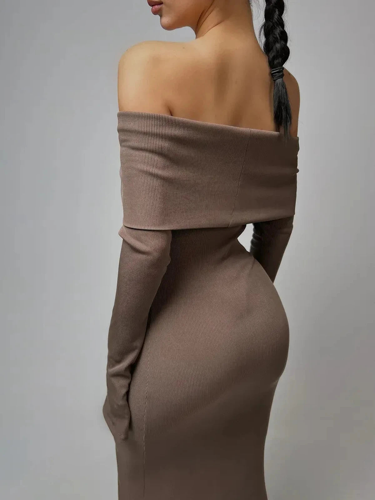 Solara Maxi Dress by Lauven featuring an off-shoulder ribbed silhouette in rich chocolate hue.