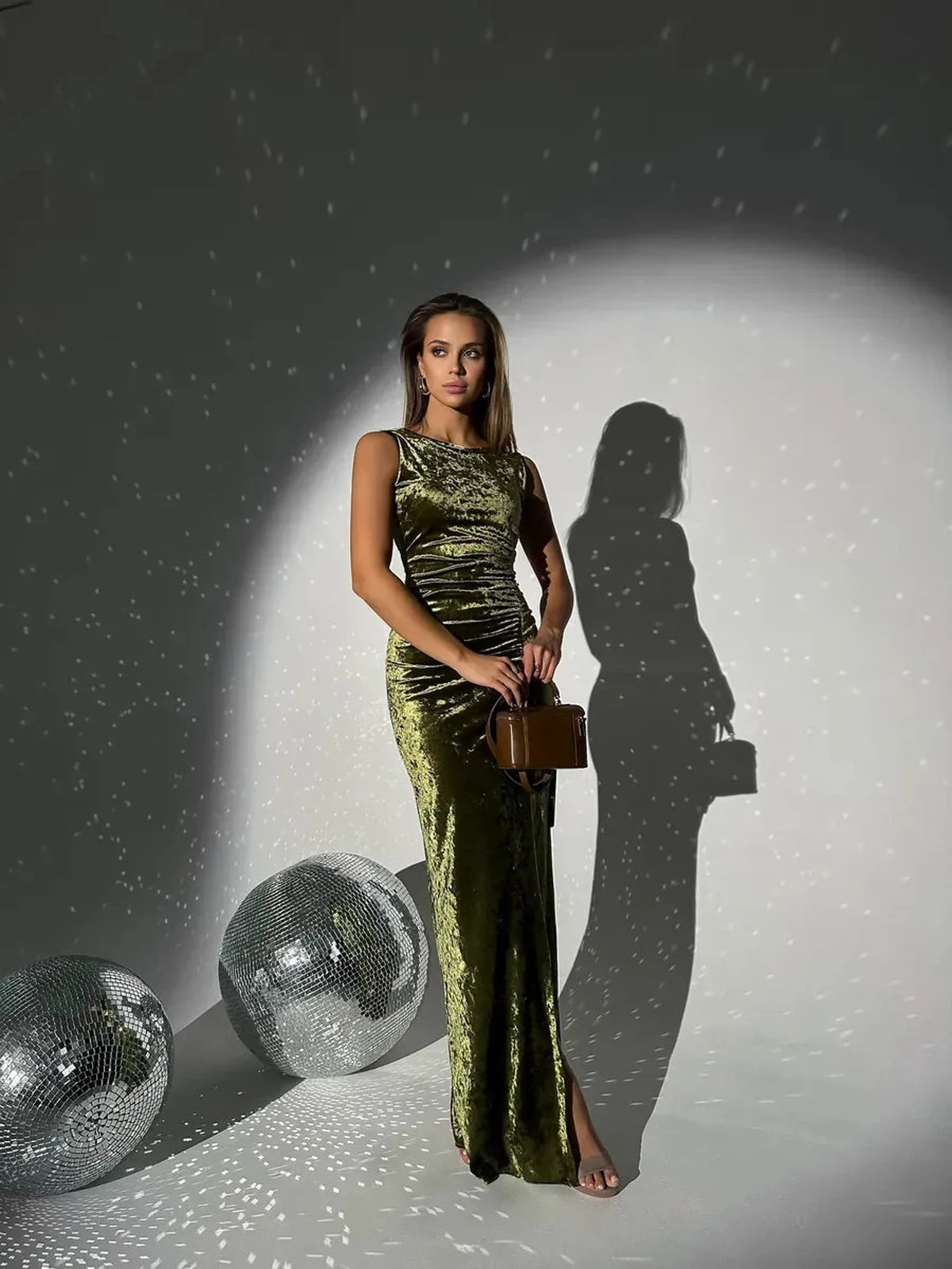 Olivia Maxi Dress by Lauven in elegant olive velvet with sculpted silhouette, showcasing luxurious style and grace.