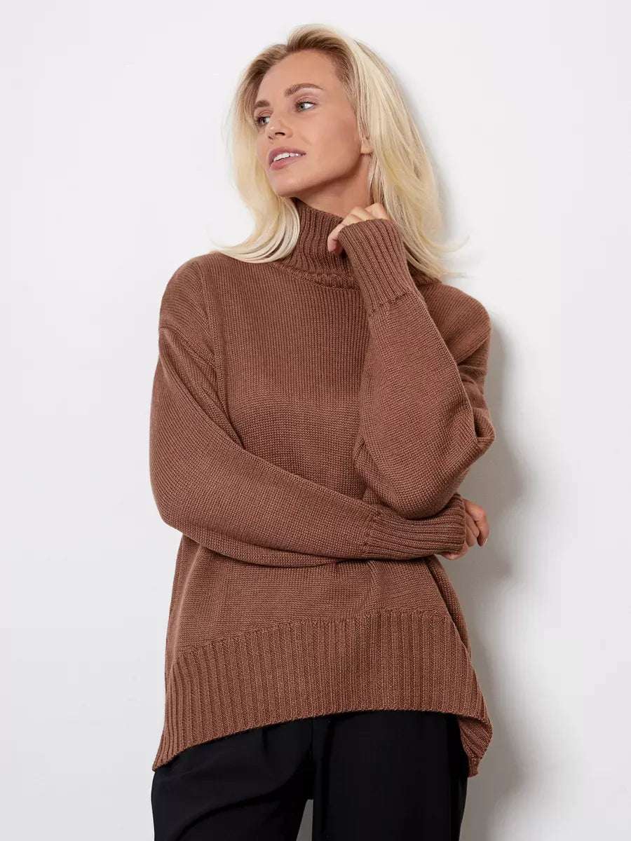Maple Sweater from Lauven, oversized women's wool knit in cocoa brown with high turtleneck.