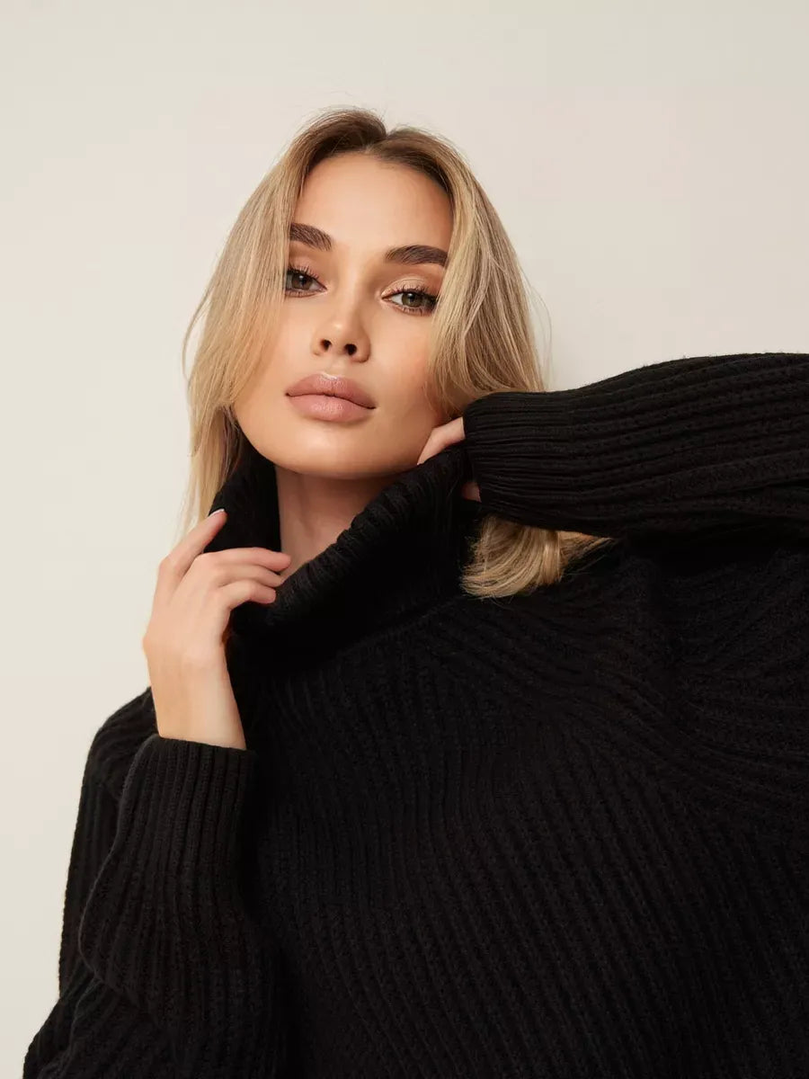 Onyx Sweater by Lauven, oversized black knitwear with turtleneck, perfect for winter comfort and style.