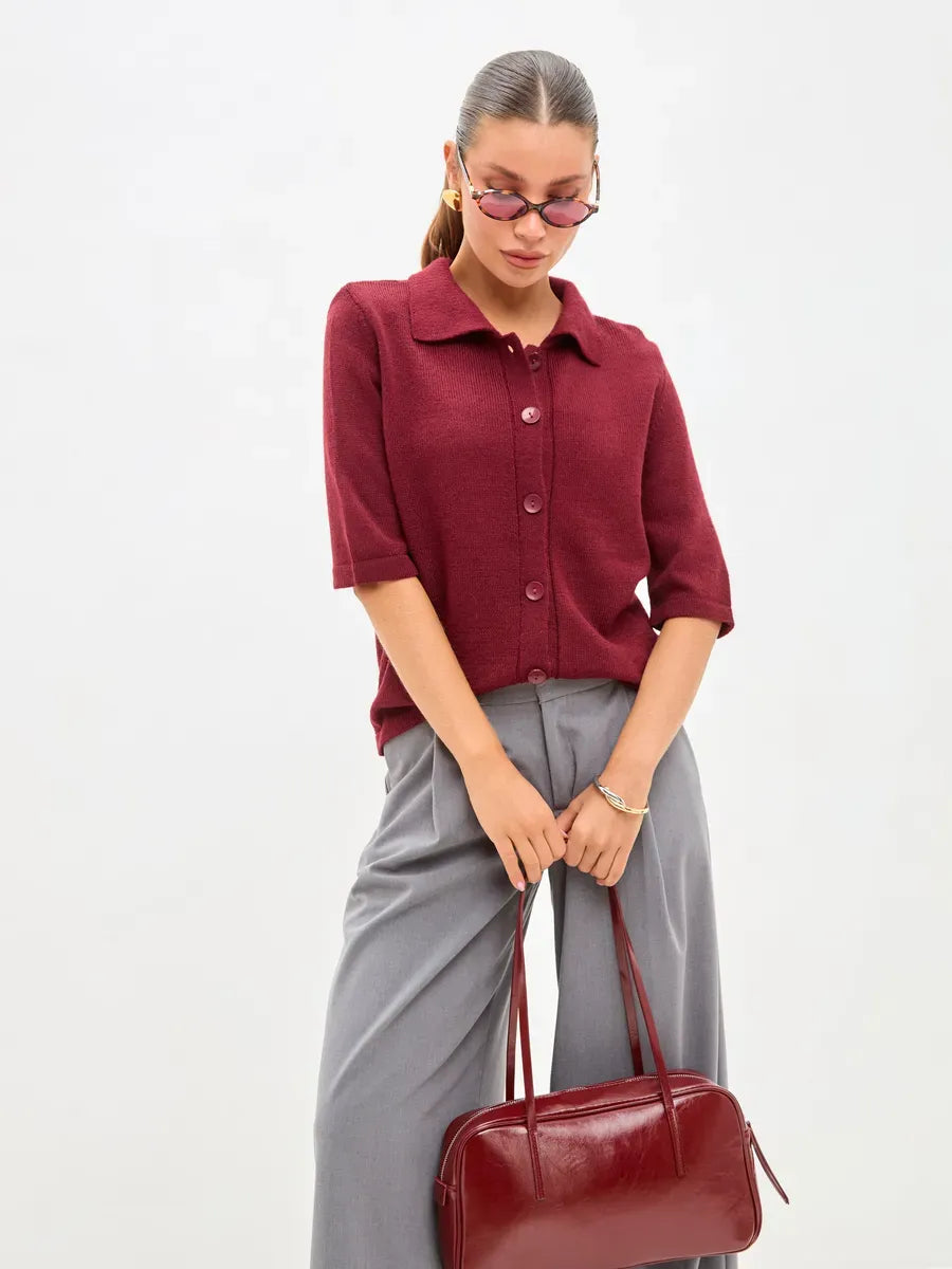 Mira Cardigan by Lauven in lightweight burgundy wool blend knitwear with button closure.