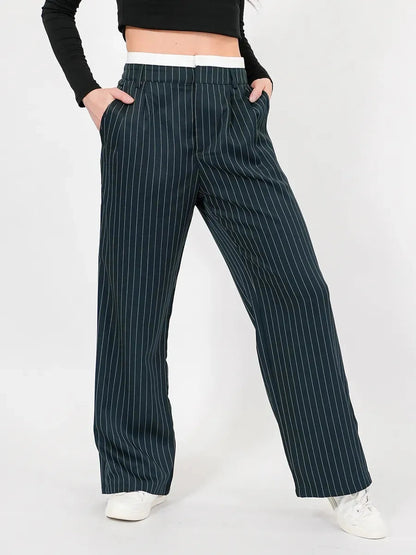Siri Pants by Lauven - high-waist wide-leg trousers in deep green with pinstripe pattern, perfect for stylish comfort.