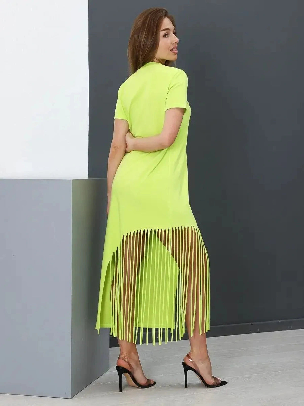 Luma Midi Dress by Lauven: Lime Cotton Midi Dress with Fringe Hem and Relaxed Fit.