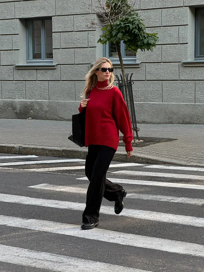 Sienna Sweater by Lauven - Oversized women's knit turtleneck in deep red, perfect for stylish, cozy layering.