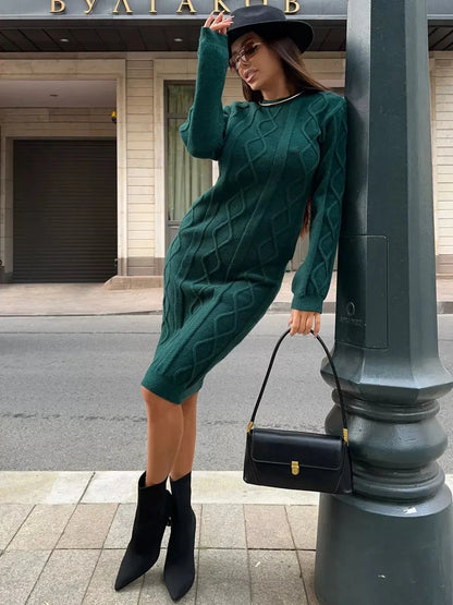 Selene Midi Dress by Lauven showcased in emerald textured knit, perfect for stylish women in cooler seasons.
