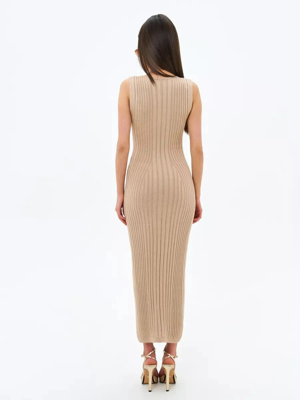Sahara Midi Dress by Lauven - Beige ribbed knit dress showcasing a sleek back design and figure-flattering silhouette.