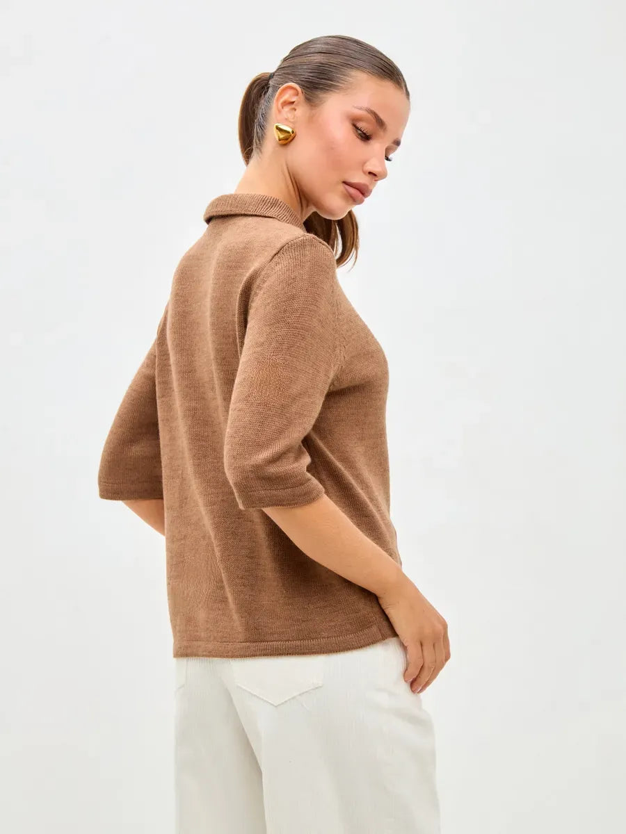 Marin Cardigan by Lauven – Lightweight brown wool blend knitwear with stylish button closure.