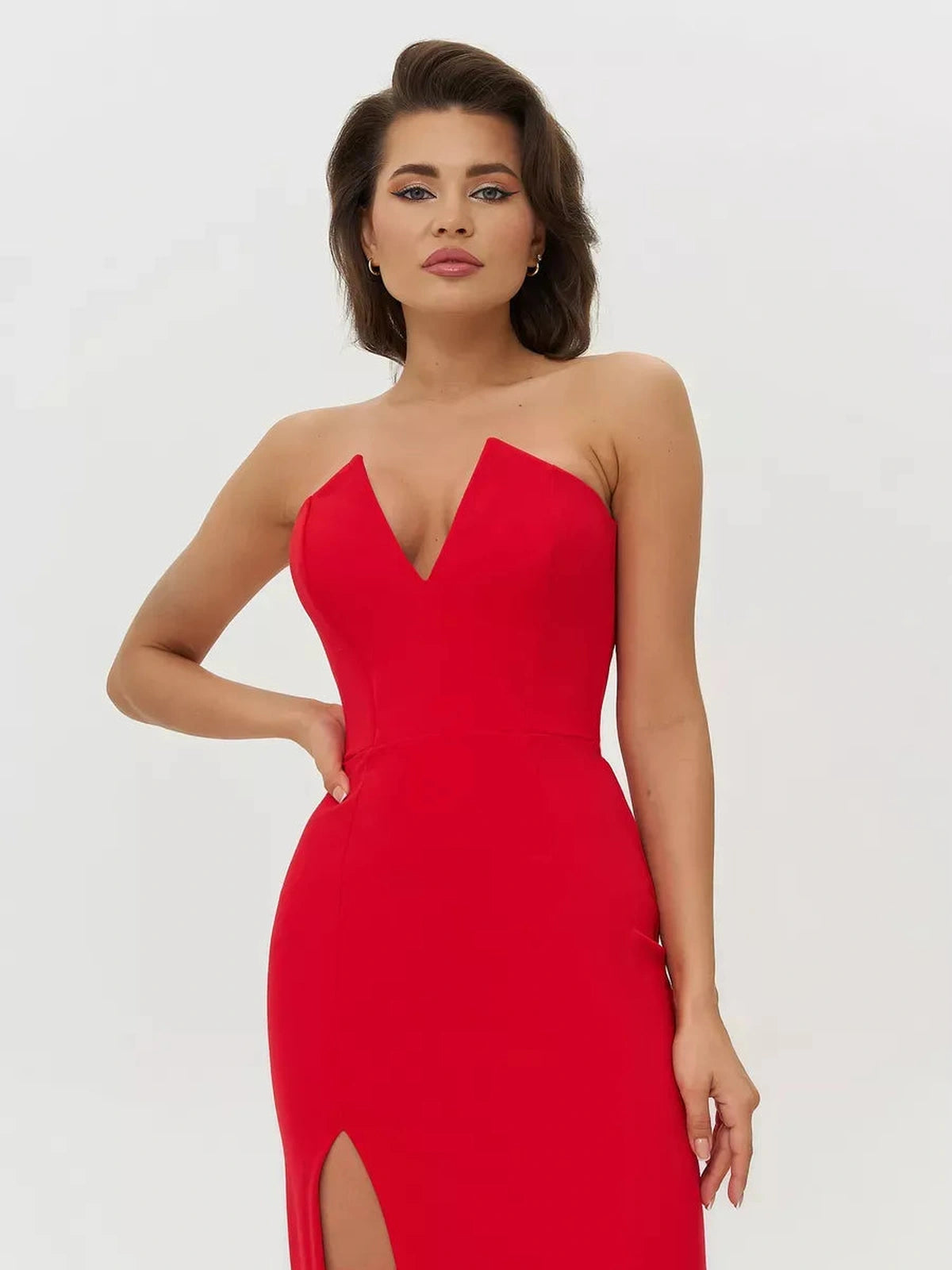 Marvella Maxi Dress by Lauven, bold strapless design with front slit in vivid red.