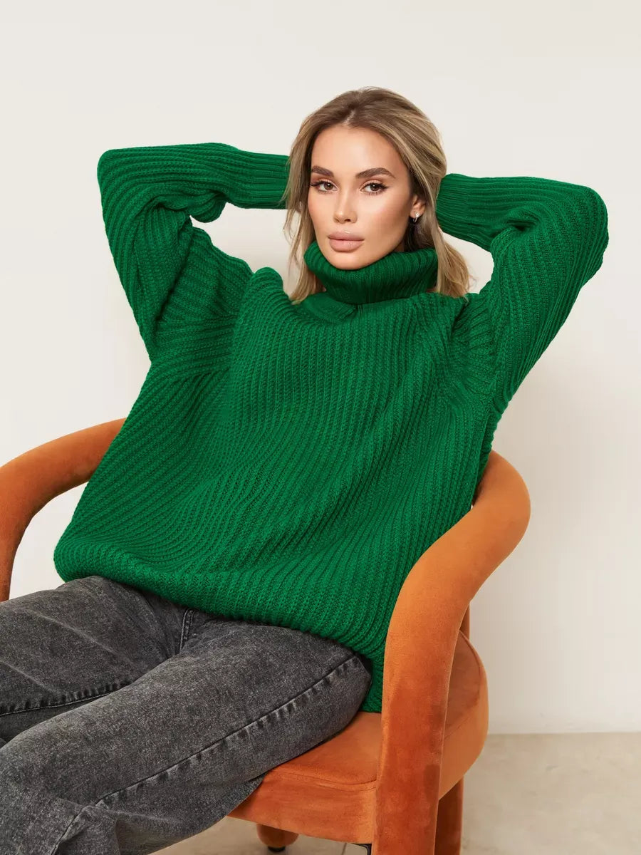 Emerald Sweater by Lauven - Oversized green knitwear with turtleneck, perfect for cozy fall and winter styling.