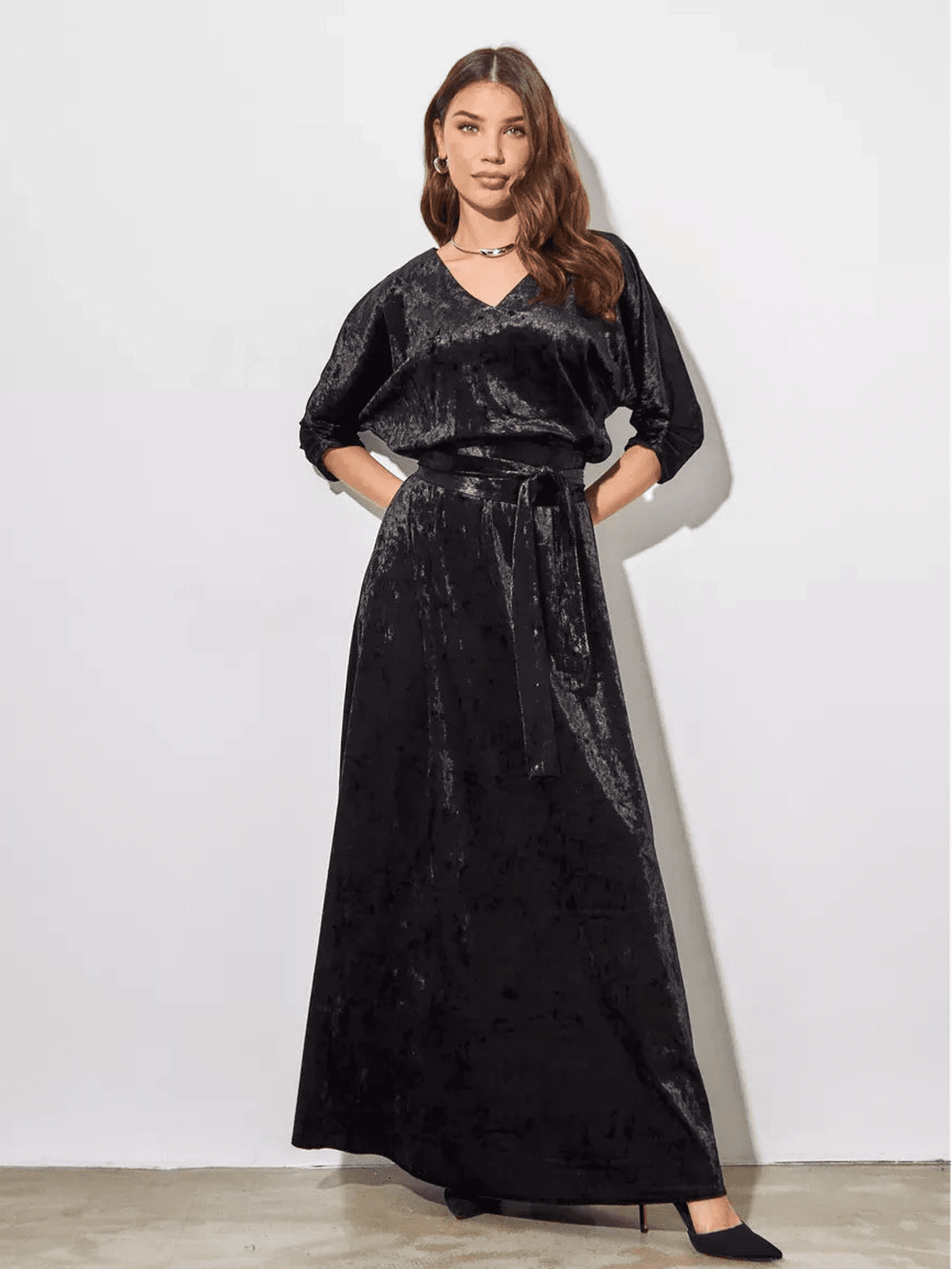 Aveline Maxi Dress by Lauven, elegant black velvet A-line gown featuring a V-neck and three-quarter sleeves.