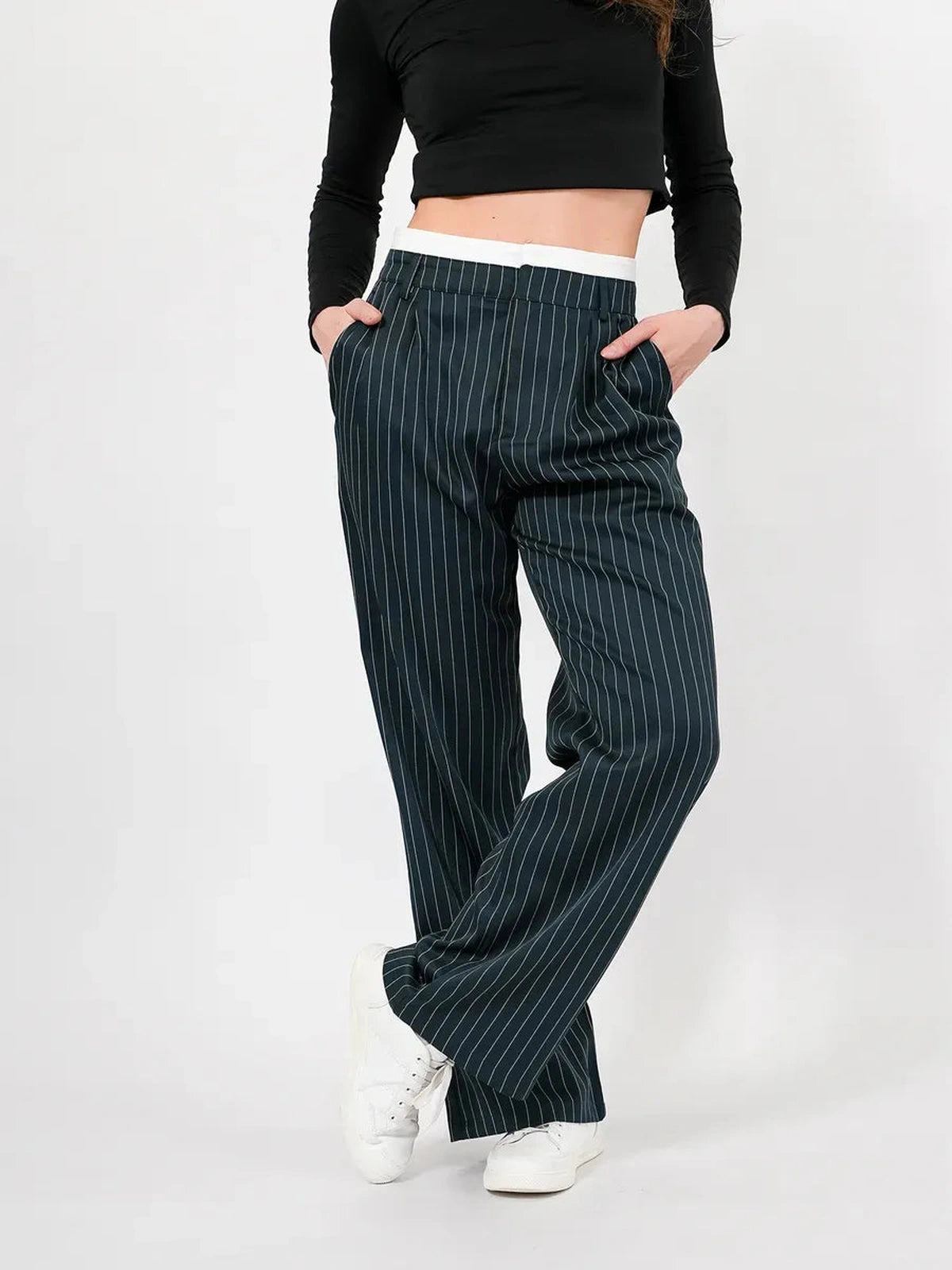 Siri Pants by Lauven - high-waist wide-leg trousers in deep green with pinstripe pattern, perfect for stylish comfort.