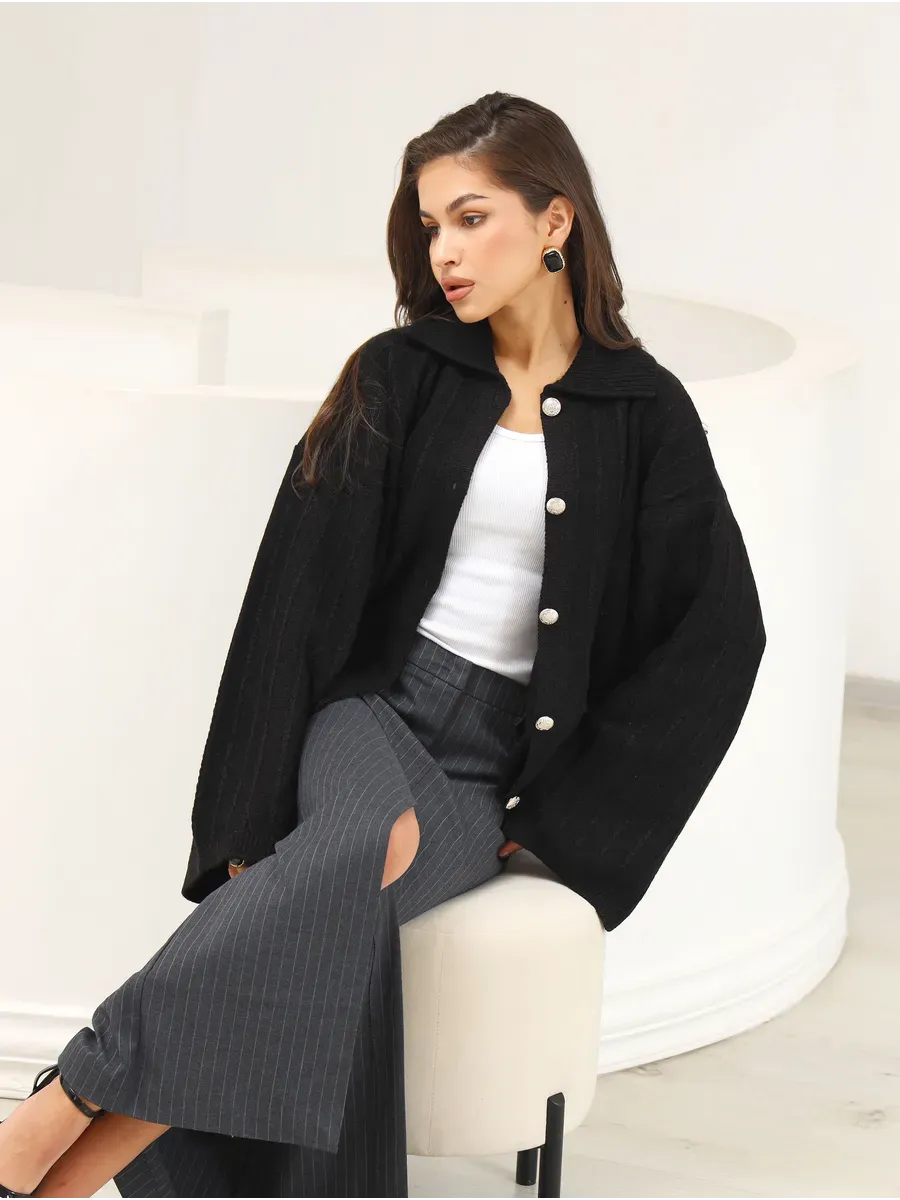 Onyx Cardigan by Lauven - Sophisticated oversized black knitwear with braided pattern and wide bell sleeves.